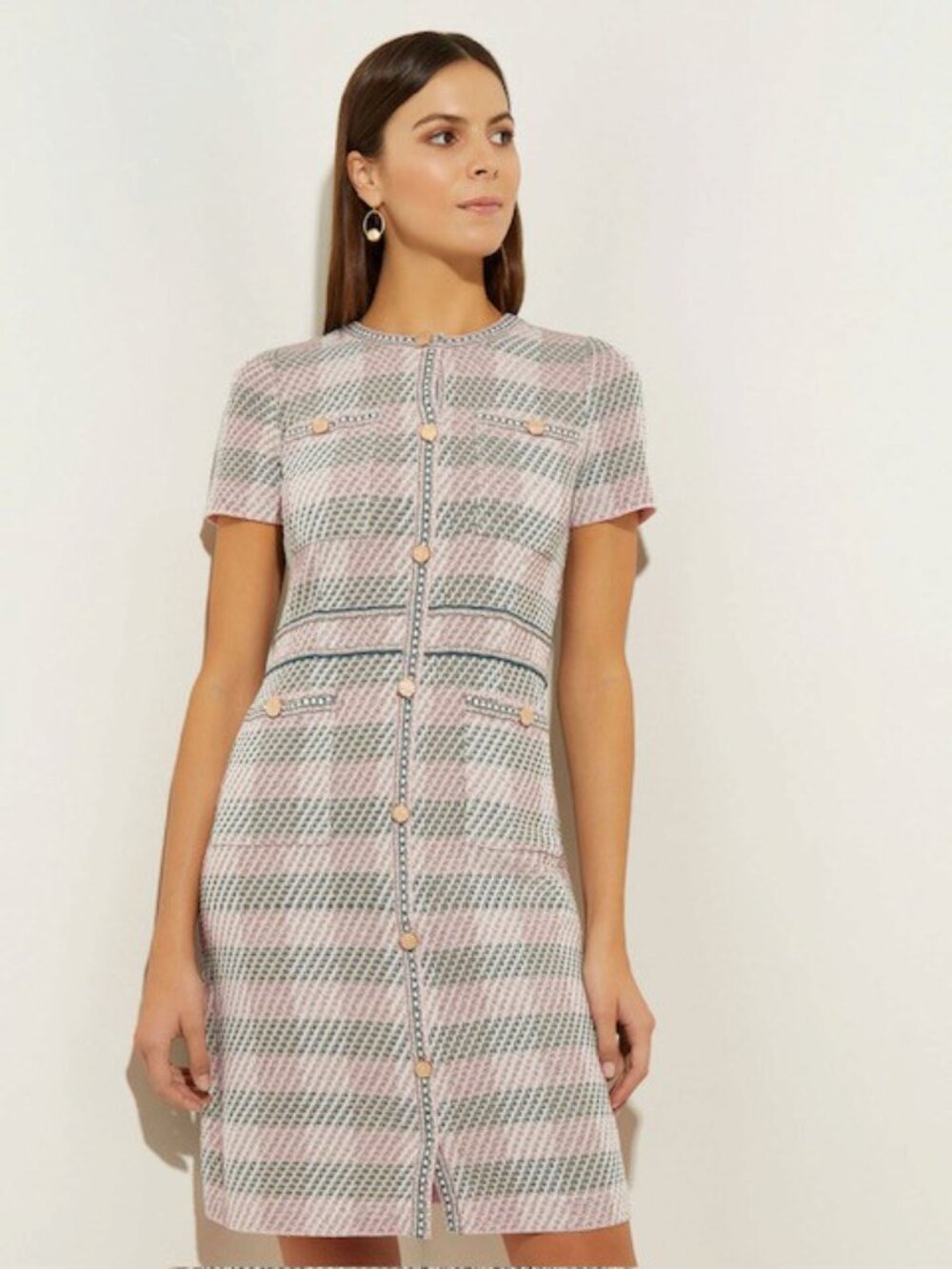Misook Plaid Tweed Knit Button Front Sheath - Green/Pink/Cream - XL